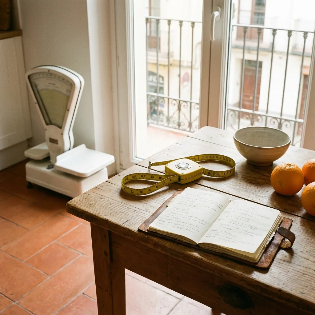 Cinta métrica y báscula en habitación soleada