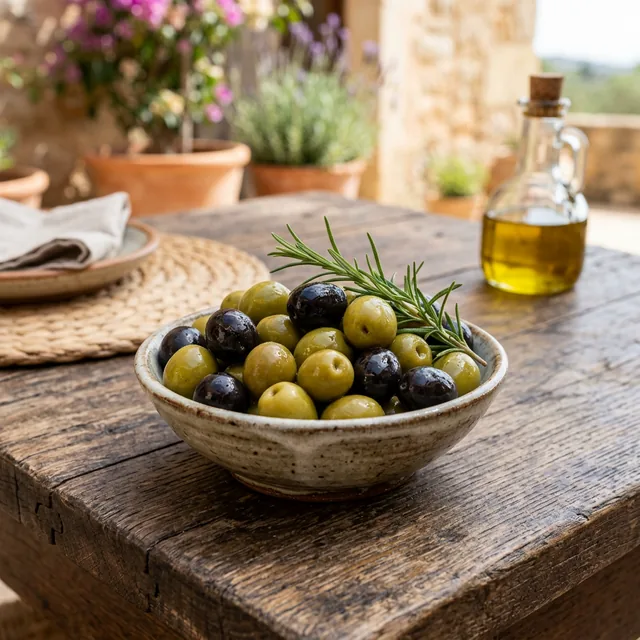 Bol de cerámica con aceitunas verdes y negras con romero ilustrando el perfil lipídico del fruto del olivo