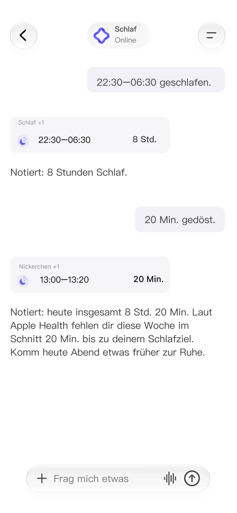 CalMind-Chat mit Schlaf und Nickerchen