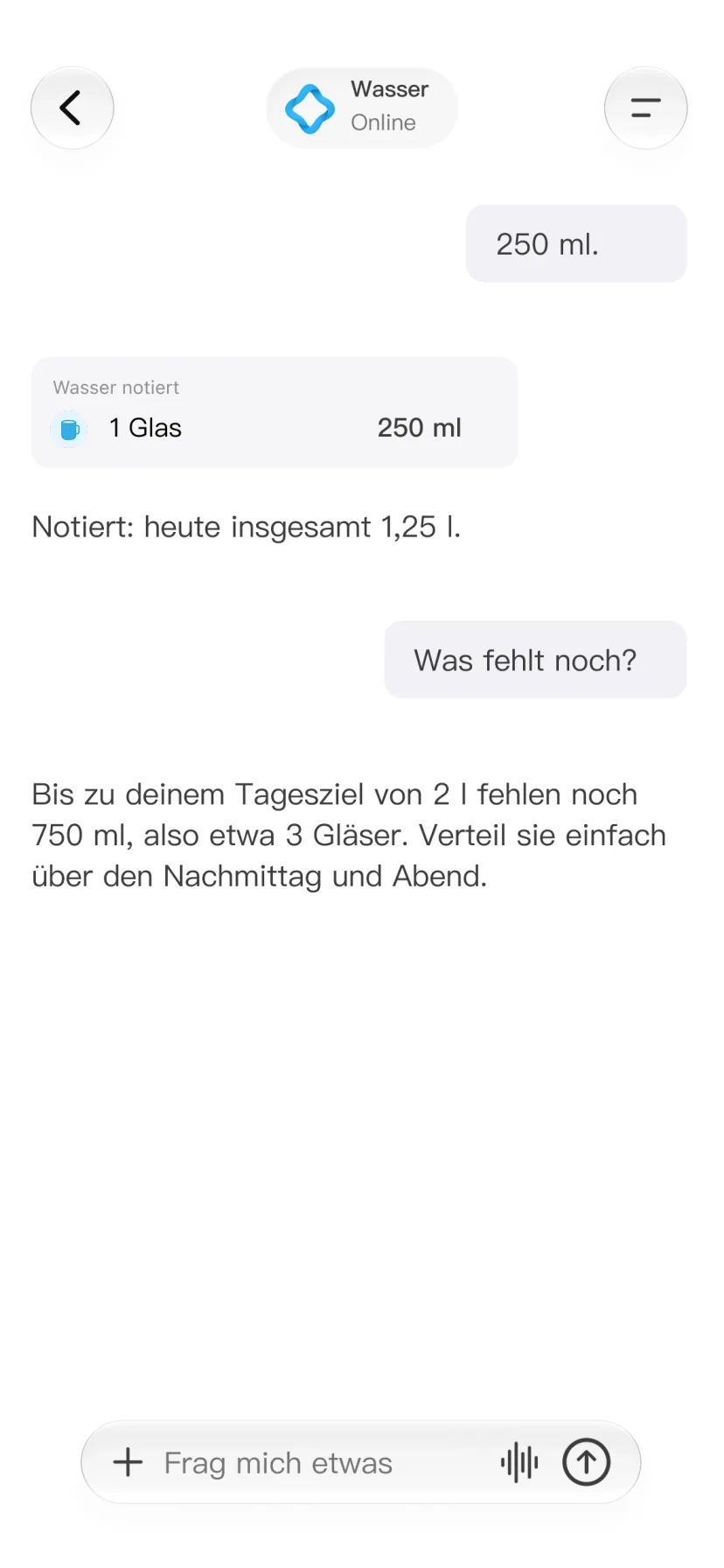 CalMind-Chat mit Trinkmenge und Tagesziel