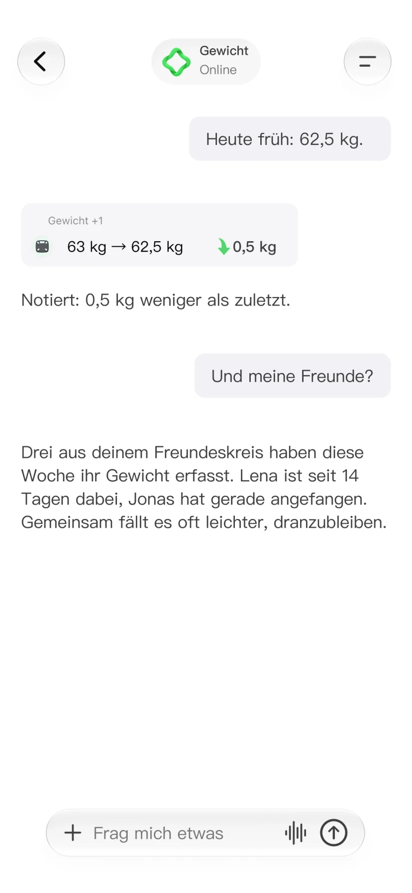 CalMind-Chat mit Gewichtsverlauf und Fortschritten von Freunden