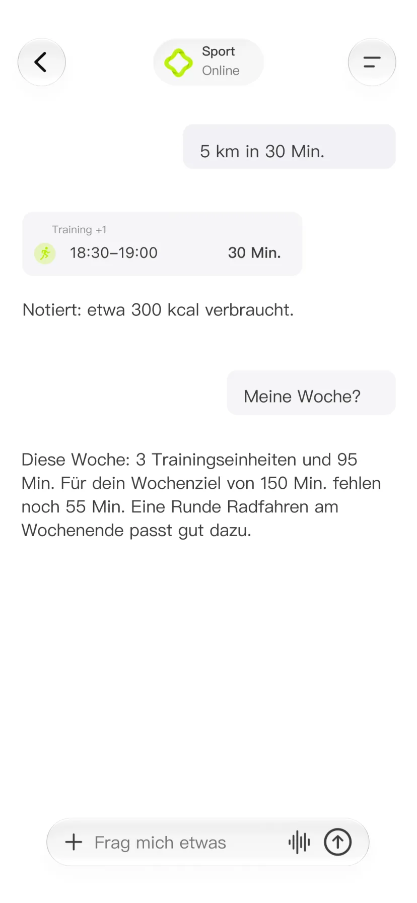 CalMind-Chat mit Training und Wochenaktivität