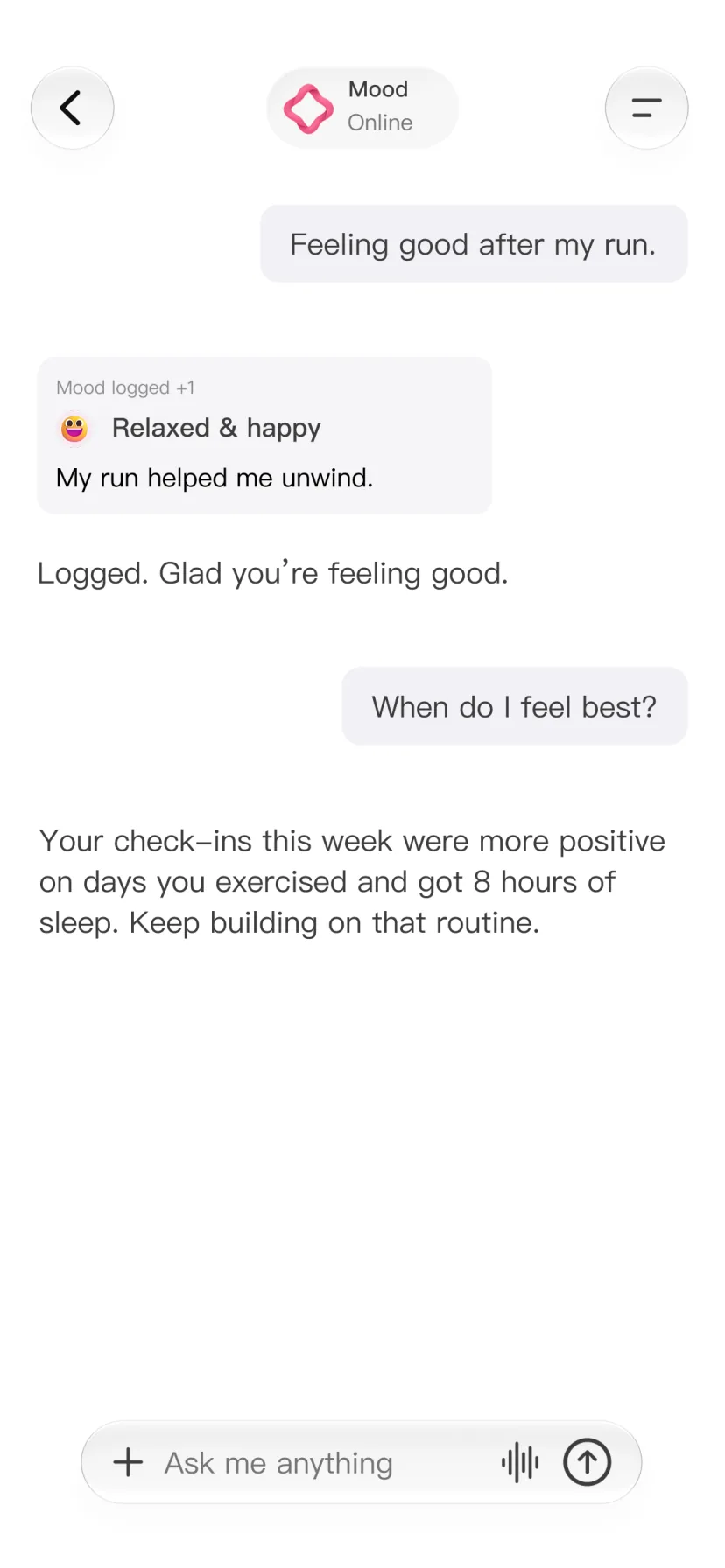 CalMind chat connecting mood with sleep and activity
