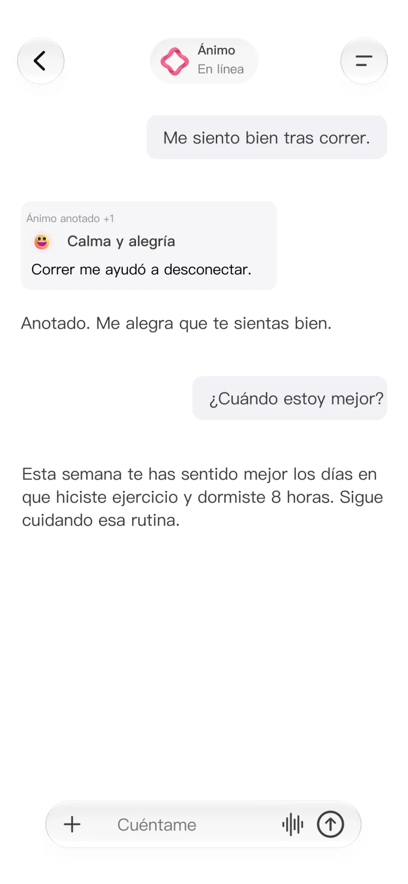 Chat de CalMind sobre ánimo, sueño y ejercicio