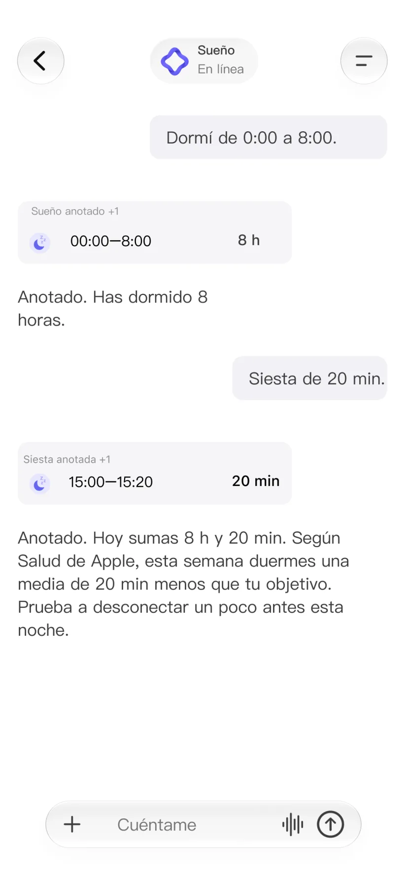 Chat de CalMind con registros de sueño y siestas