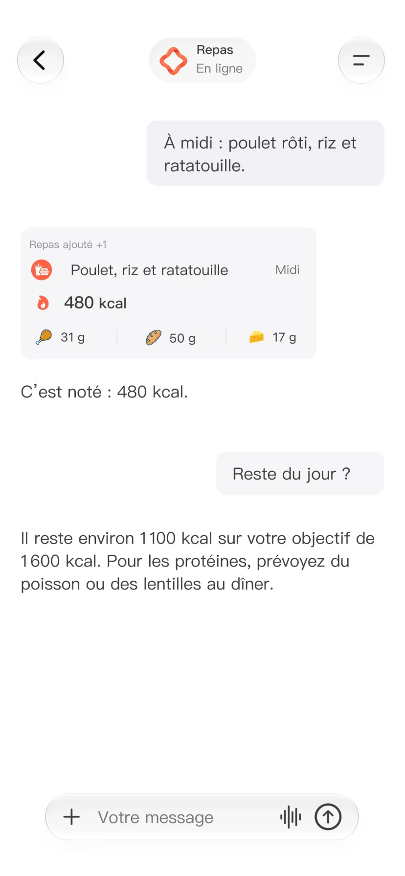 Conversation CalMind avec un repas, les kcal et les macronutriments