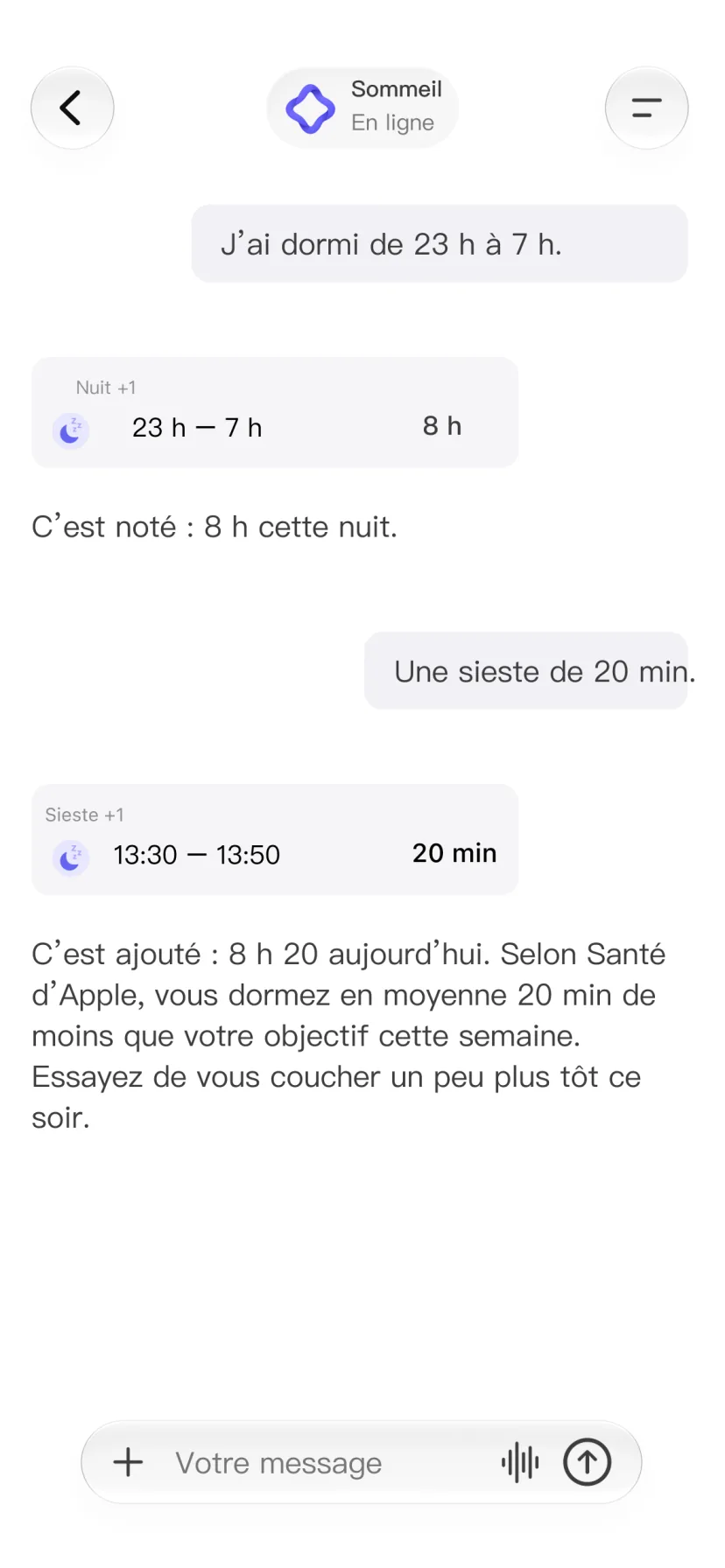 Conversation CalMind avec des notes de sommeil et des siestes