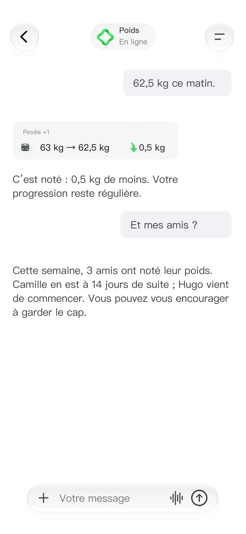 Conversation CalMind avec l’évolution du poids et les progrès des amis