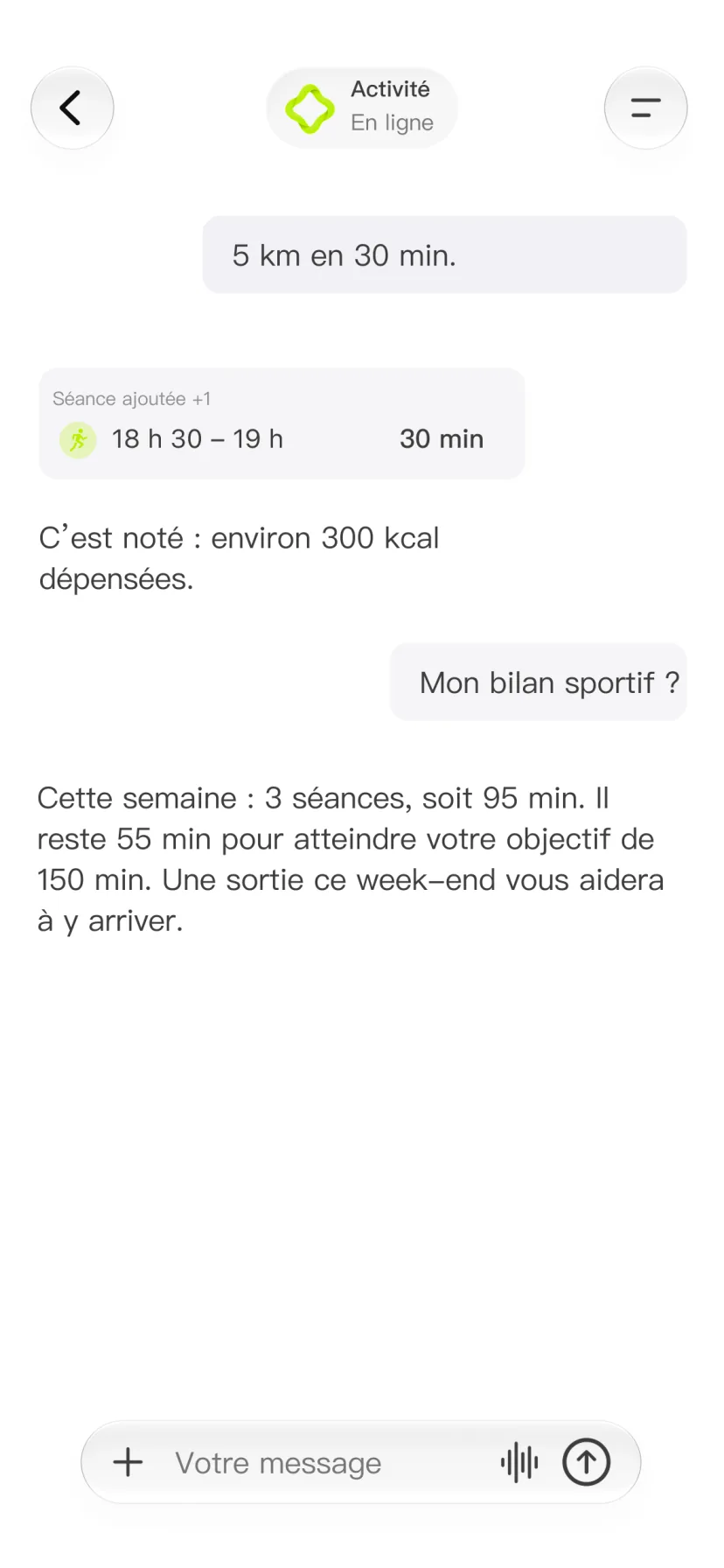 Conversation CalMind avec une activité et le bilan de la semaine