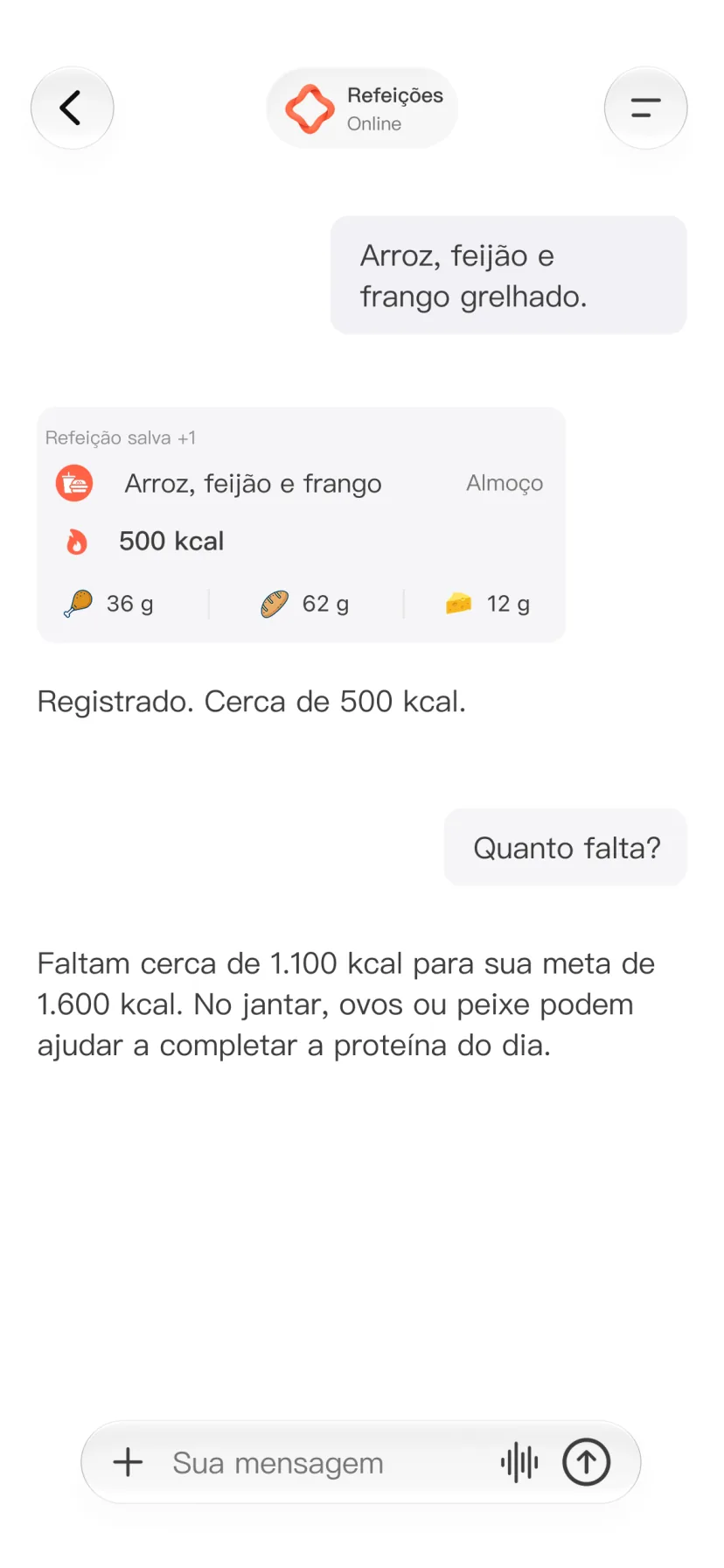 Conversa no CalMind com uma refeição, kcal e macronutrientes