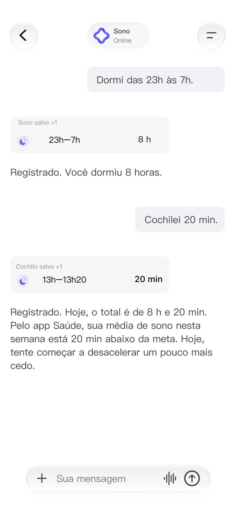Conversa no CalMind com registros de sono e cochilos