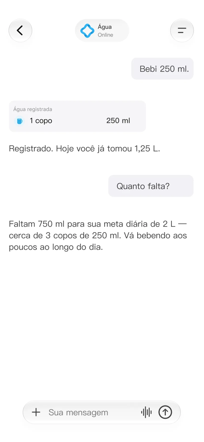 Conversa no CalMind com a água consumida e uma meta diária