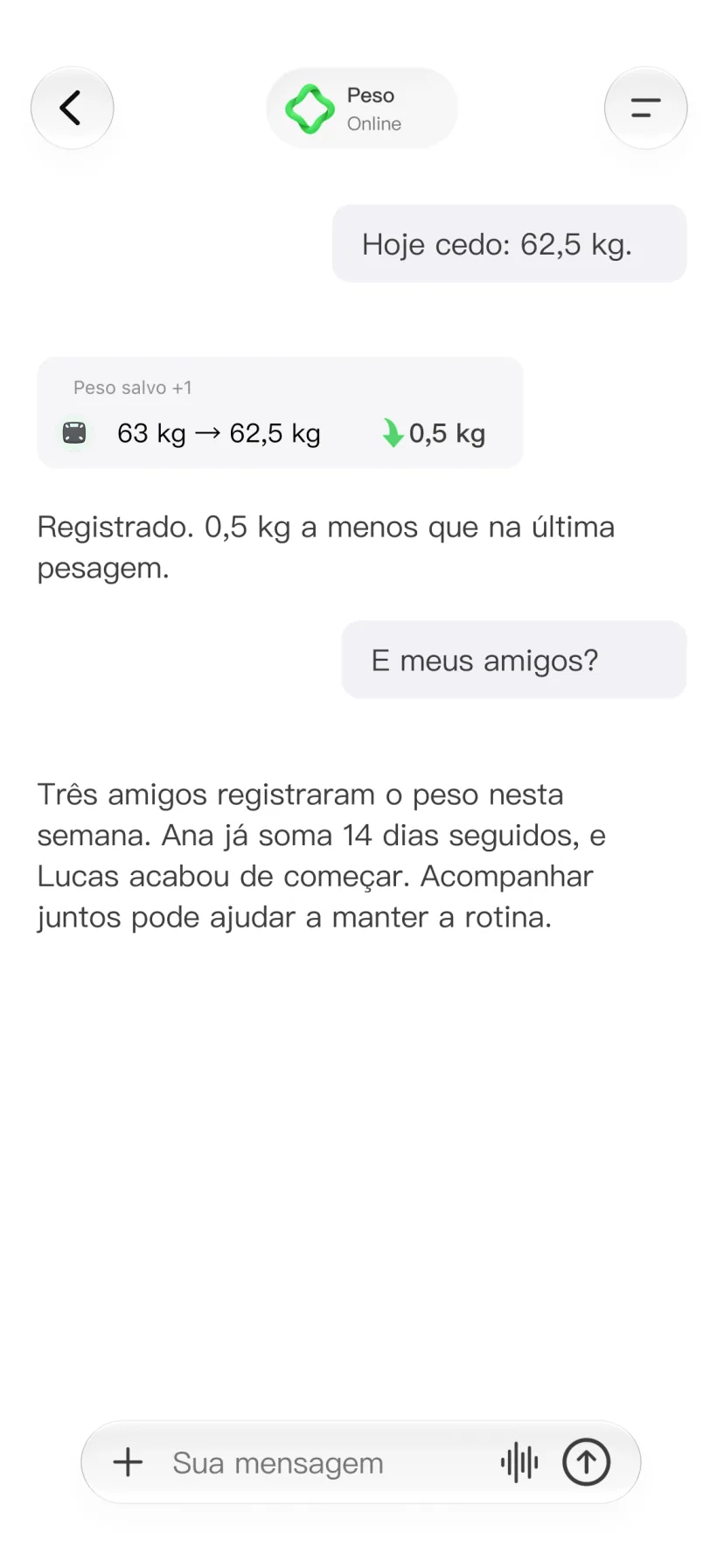Conversa no CalMind com mudanças de peso e o progresso dos amigos