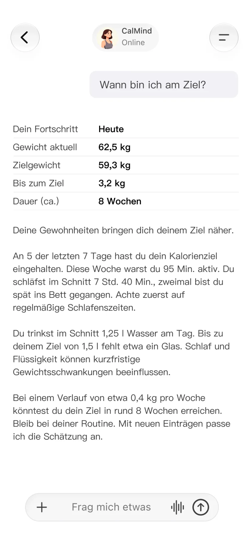 CalMind-Chat zu Gesundheitseinträgen und Fortschritten auf dem Weg zu einem persönlichen Ziel