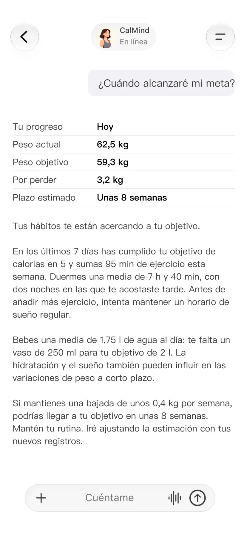 Chat de CalMind que relaciona registros de salud con el avance hacia una meta personal