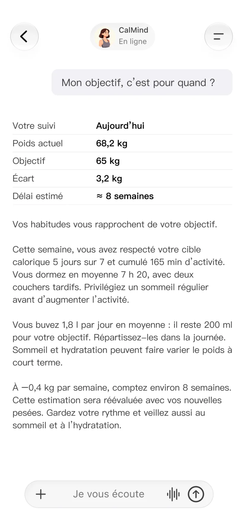 Conversation CalMind reliant les données de santé aux progrès vers un objectif personnel