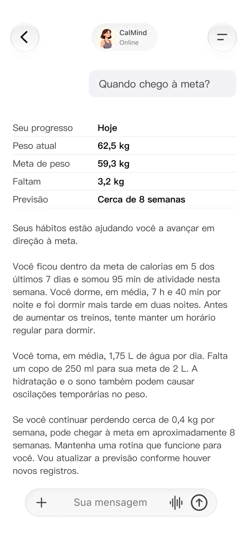Conversa no CalMind que relaciona registros de saúde ao progresso de um objetivo pessoal
